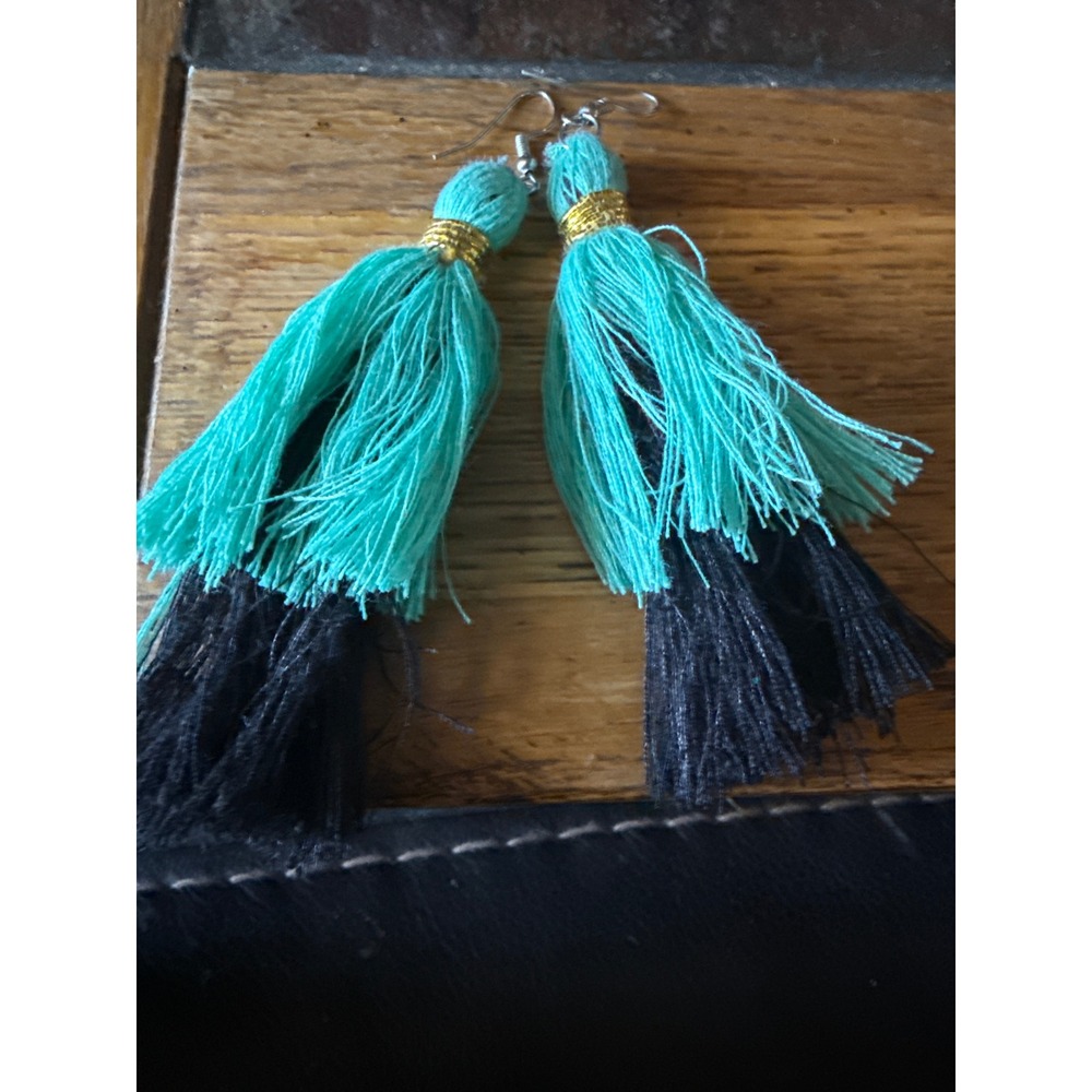 Turquoise and Black Tiered Tassel Drop Earrings Gold Thread Accents Bohemian